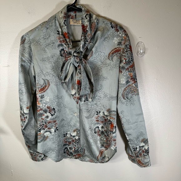 Vintage blouse floral paisley button-down shirt tie neck small Stuart Lang - Picture 11 of 12